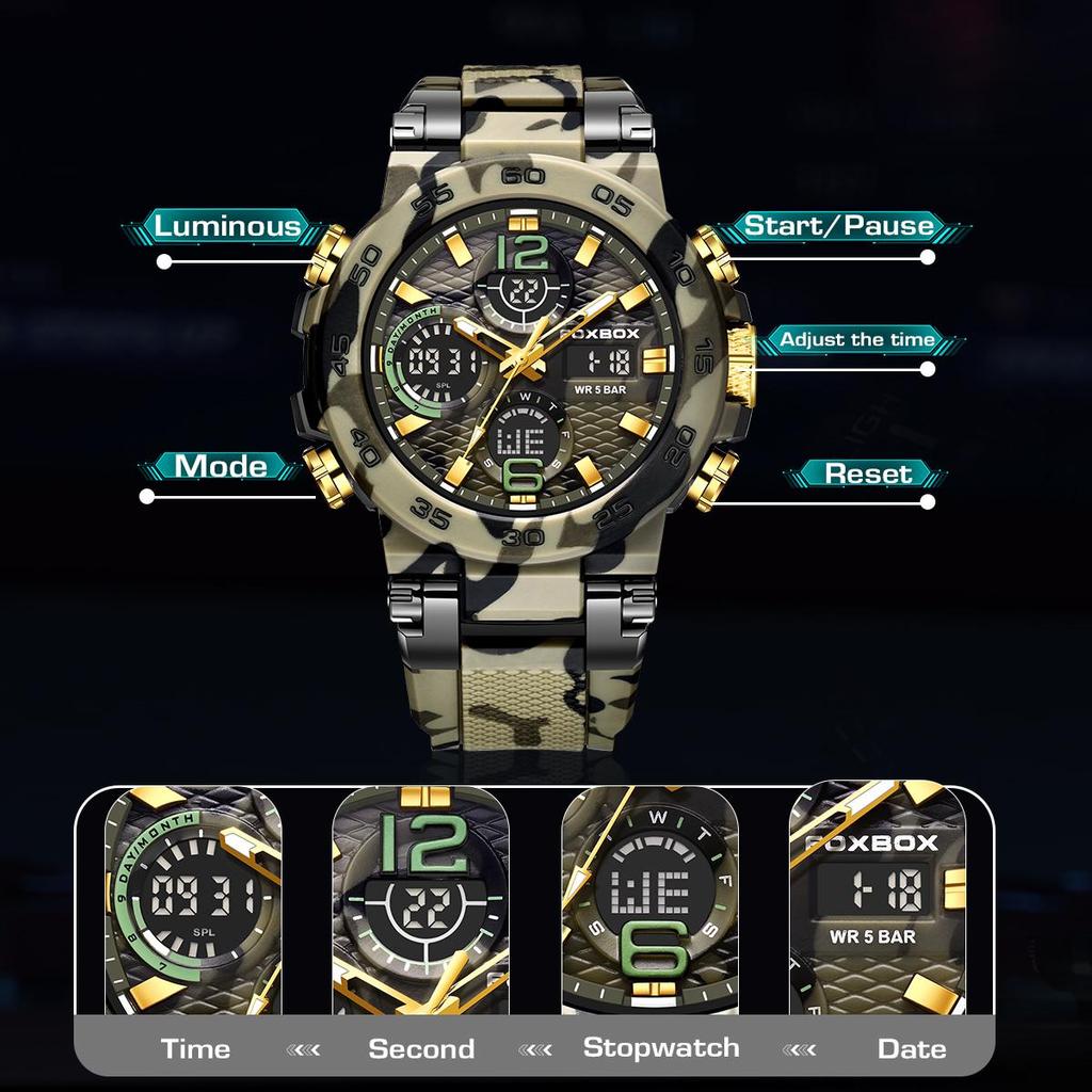 FOXBOX Orologio da Uomo Militare Mimetico Sportivo Orologio da Polso da Uomo Doppio Display Impermeabile Orologio Digitale da Uomo