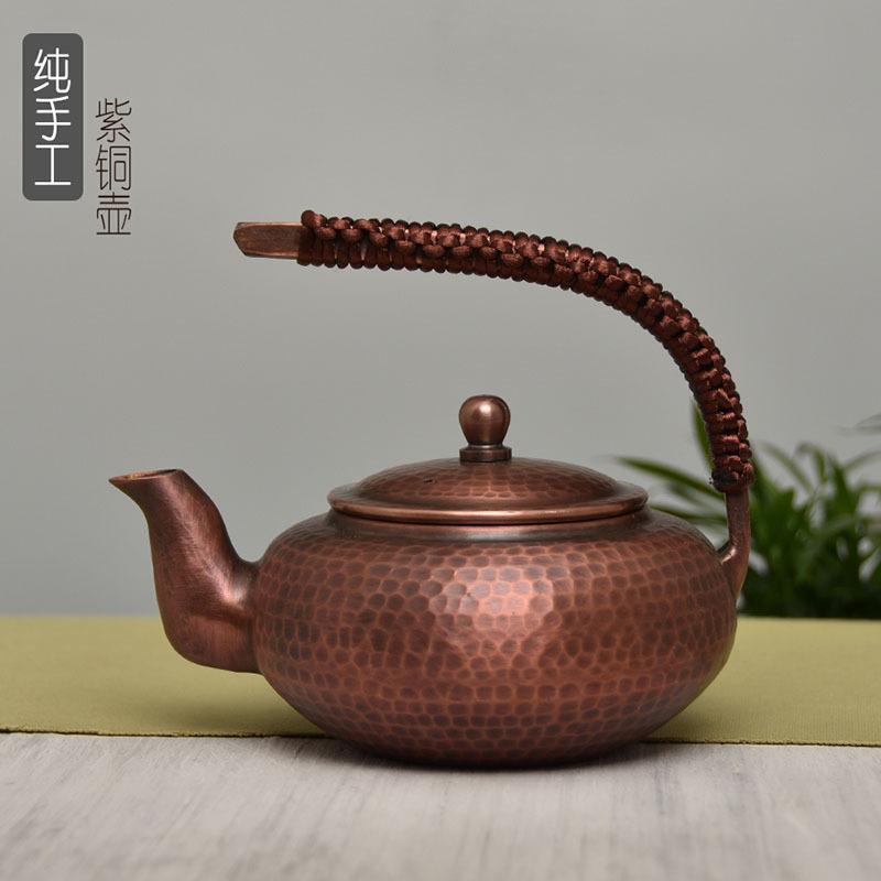 Fioletowy miedziany czajniczek 500 ml z rączką zapobiegającą zarysowaniom, w stylu chińskim, retro design, pogrubiony, do użytku domowego jako zestaw do herbaty
