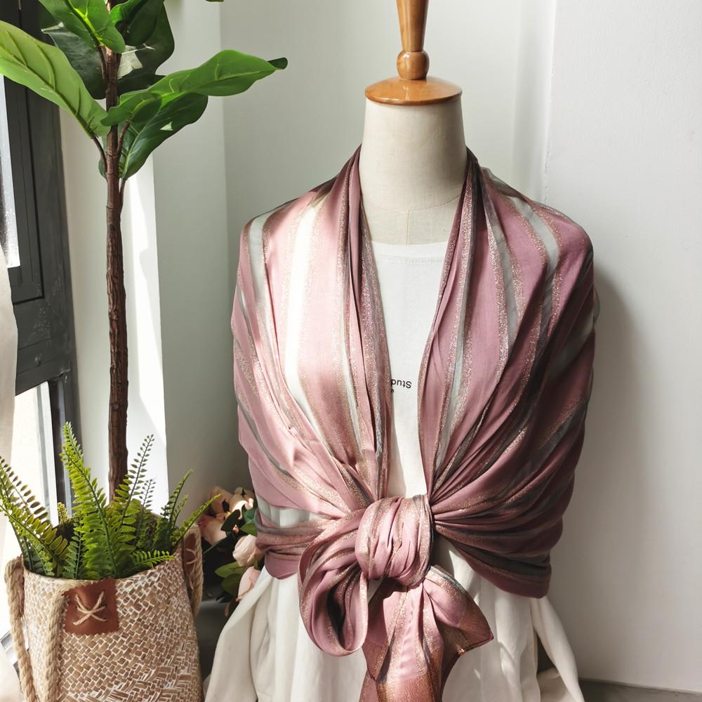 Silk Scarf for Women's New Spring and Autumn Women's Scarf for Women's Gold Thread Vertical Stripe Elegant Shawl for Women's Headscarf
