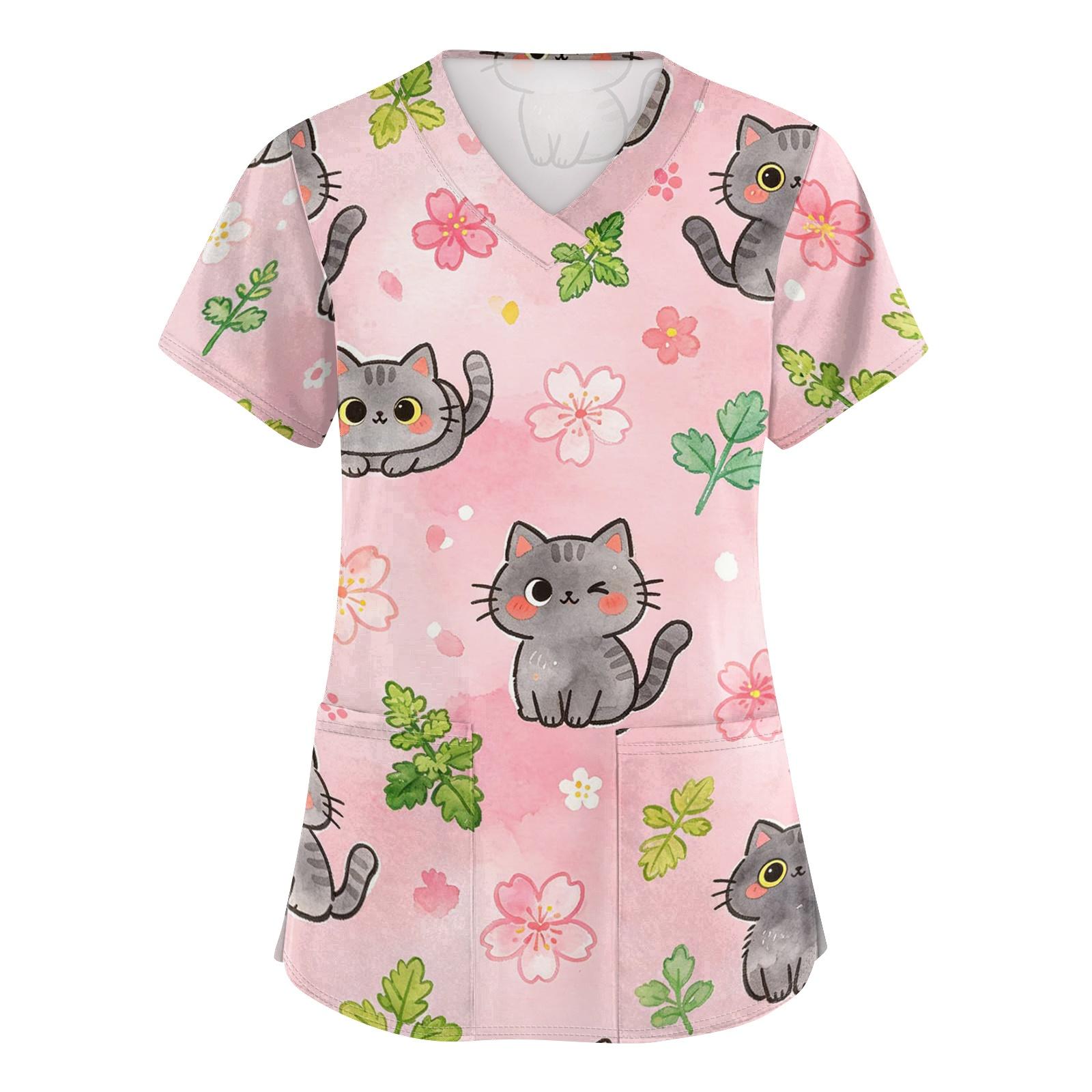 

Women V Neck Short Sleeve Work Top with Pockets Animal Print Medical Uniform Scrub Shirt for Healthcare Professionals Nursing Staff XXXL