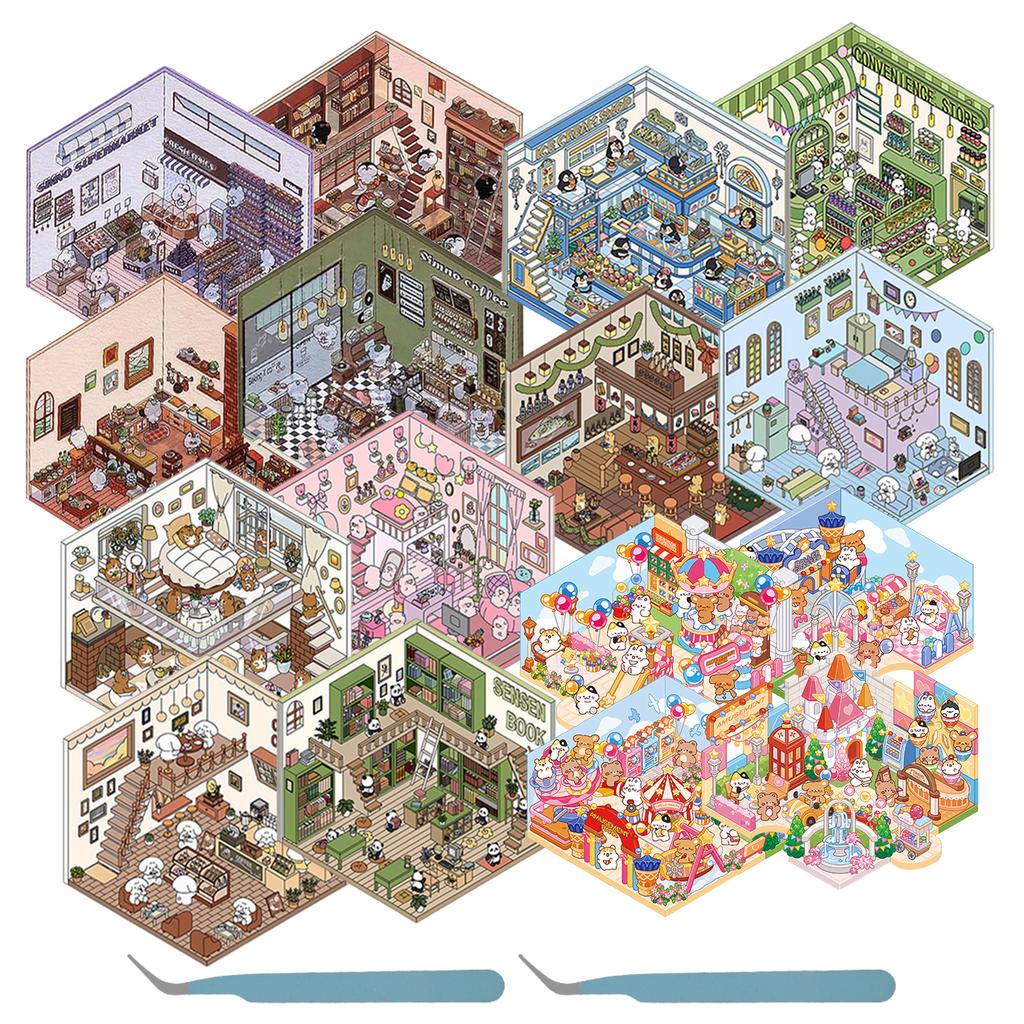 16Pcs Scenes Cartoon Landscape Sticker Book Forest Village DIY 3D Sticker Cabin Scene Pocket Birthday Gift for Kid Child Student