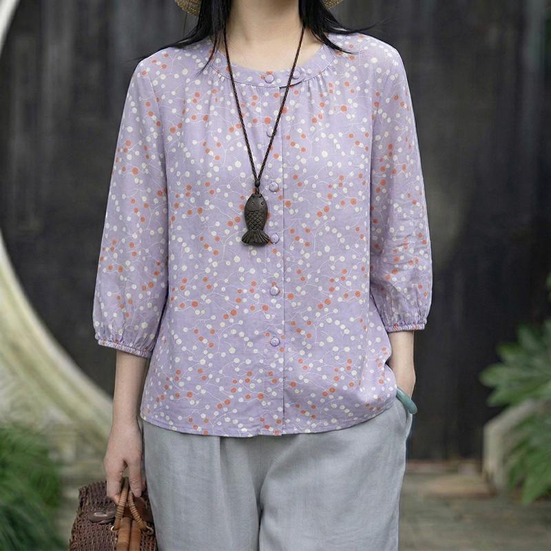 

ZANZEA Women Casual Round Neck Polka Dot Print Loose 3/4 Sleeve Blouse S фиолетовый