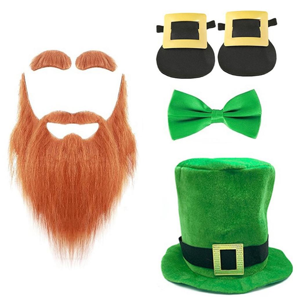 Green Tall Hat Beard for Saint Patrick Day with Bowtie Festival Decors Irish National Day Gathering Party Costume Props