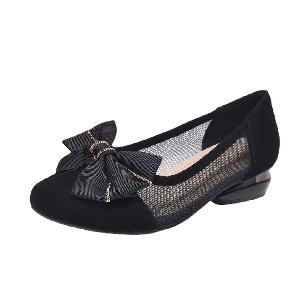Round Head Flat Bottom Women's Spring and  Bow Mesh Splicing Small Single Shoes Black Sheepskin Women's Shoes