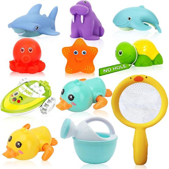 No Hole Bath Toys for Babies 6-12+ Months, Wind-up Swimming Ducks & Boat Bath Toys for Kids Ages 1-3, Baby Pool Toys Fishing Net Water Toys Watering
