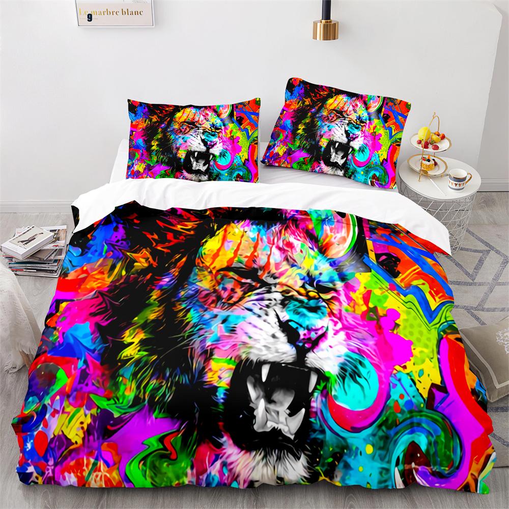 Lion Duvet Cover Set 3D Print Wild Animals Colourful King Queen Size For Kids Teens Adults Bedding Set Polyester Comforter Cover