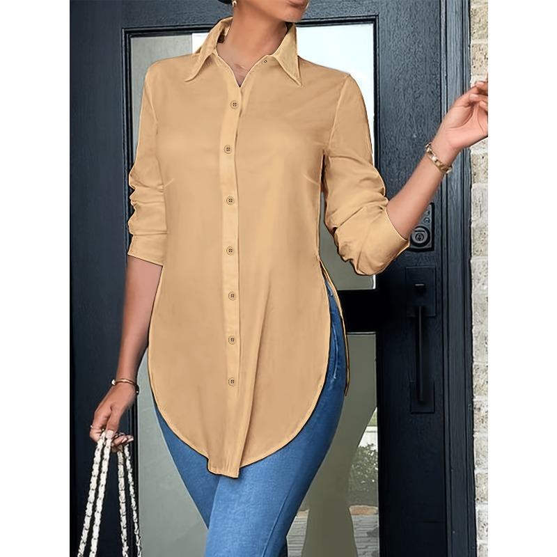 Women'S Slim Fit Long Sleeve Button-Up Shirt with Side Slit  Stylish Tailoring Durable Construction, Stylish Blouse, Fashion Lovers