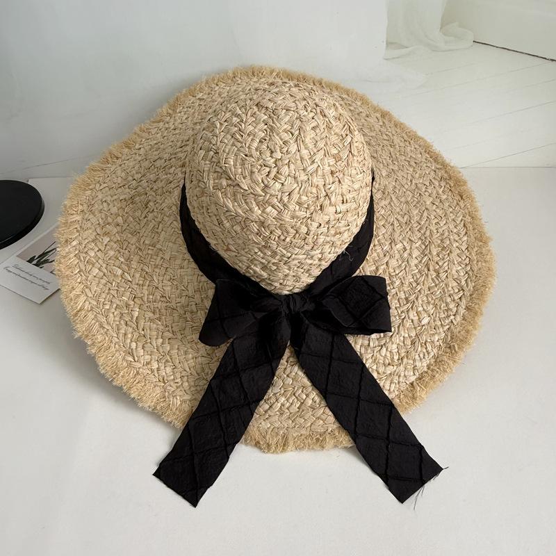 

Летняя шляпа из рафии с двойным бортом, женская большая шляпа, шляпа для защиты от солнца, пляжная шляпа с бантом, вязаная шляпа