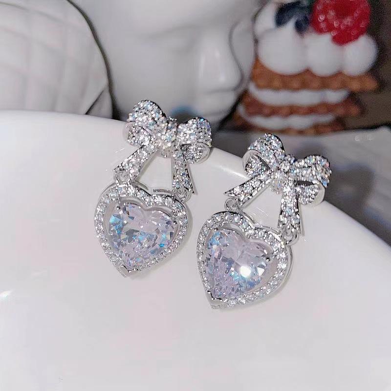 Exquisite Pink Heart Shape Bowknot Stud Earrings For Women Shining CZ Zircon Love Earring Girl Wedding Party Temperament JewelryGood product