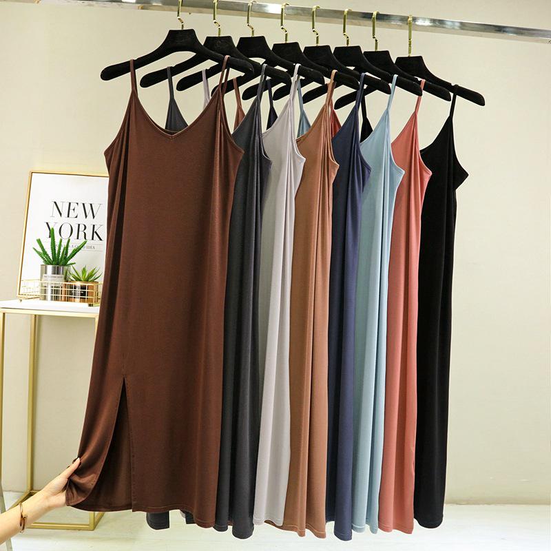 Korean Style Women's Modal Slimming V-Neck Spaghetti Strap Dress with Slit, Plus Size – Spring/Summer Collection