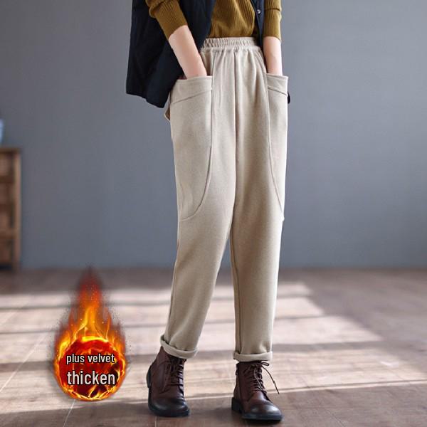 Pantalon harem rétro japonais pour femme doublé de velours avec poches pour automne/hiver 2025