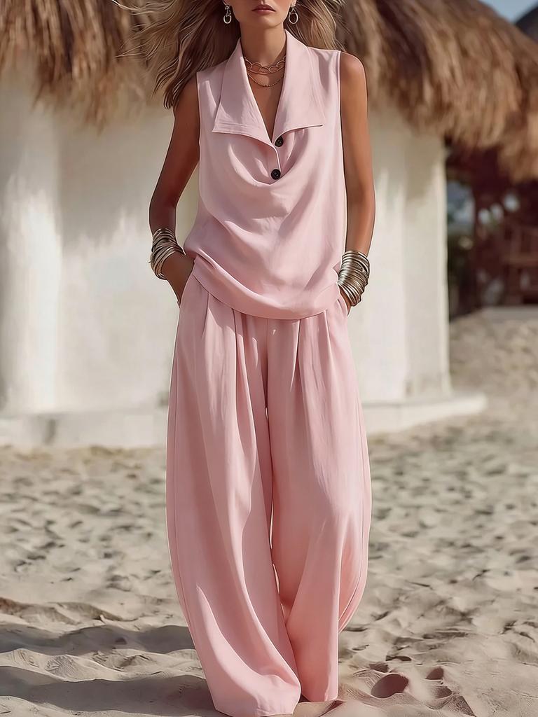 Women Two Piece Outfit Sleeveless Collar Top Wide Leg Pants Set Casual Summer Set