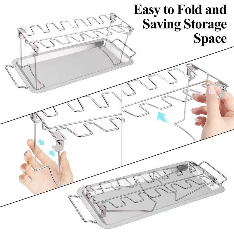 Stainless Steel Collapsible Barbecue Roaster Stand Tray Chicken Wing Leg Rack Grill with BBQ Pan Camping Barbecue Accessories