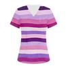 Women's V-neck Three-pocket Short-sleeved Striped Printed  Uniform/caregiver Top With Slits At The Hem