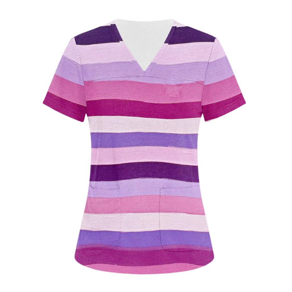 Women's V-neck Three-pocket Short-sleeved Striped Printed  Uniform/caregiver Top With Slits At The Hem