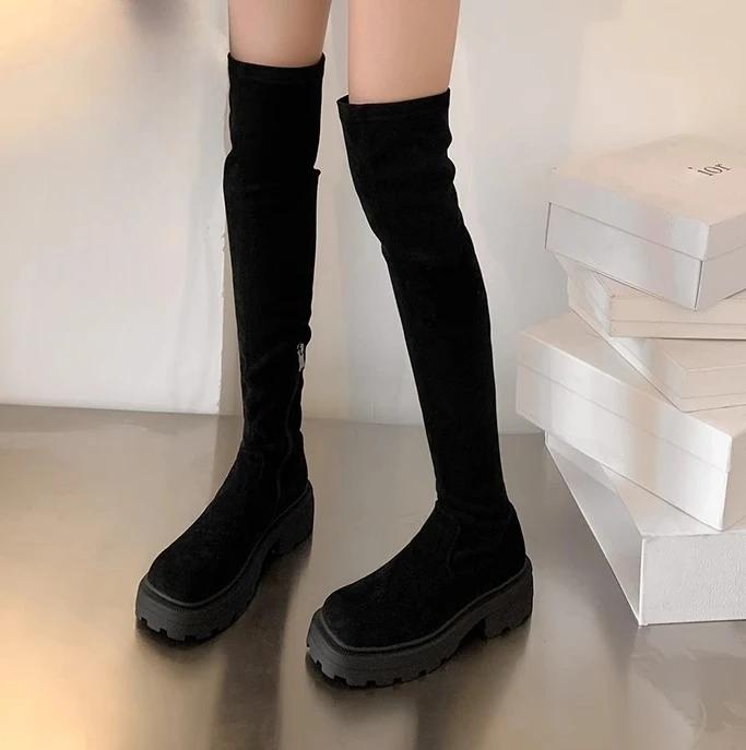 

Женские модные длинные сапоги сексуальные до колена стрейч квадратный носок задняя молния облегающие сапоги толстая подошва увеличивающие рост удобная обувь 40