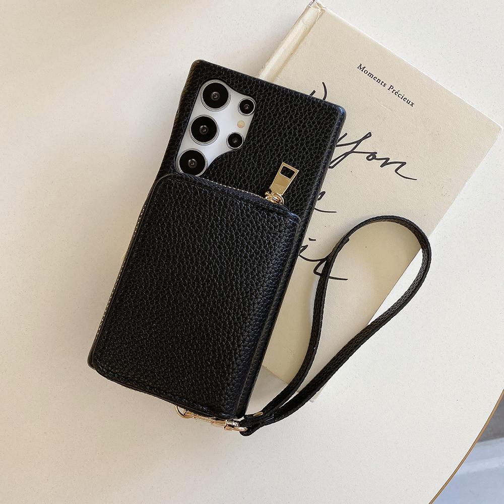 For Samsung Galaxy S24 Ultra Case Zipper Card Slots PU Leather Phone Back Cover with Wrist Strap
