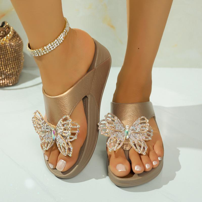 Gold Luxury Glitter Butterfly Decoration Flip Flops Women Chunky Platform Wedge Heels Slippers Beach Outdoor Slippers