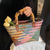 Retro Kolorowa Przenośna Torba Słomkowa Nowa Kwadratowa Ręcznie Tkana Torba Wiaderko Wiatr Wakacyjny Plażowa Wszechstronna Kobieta