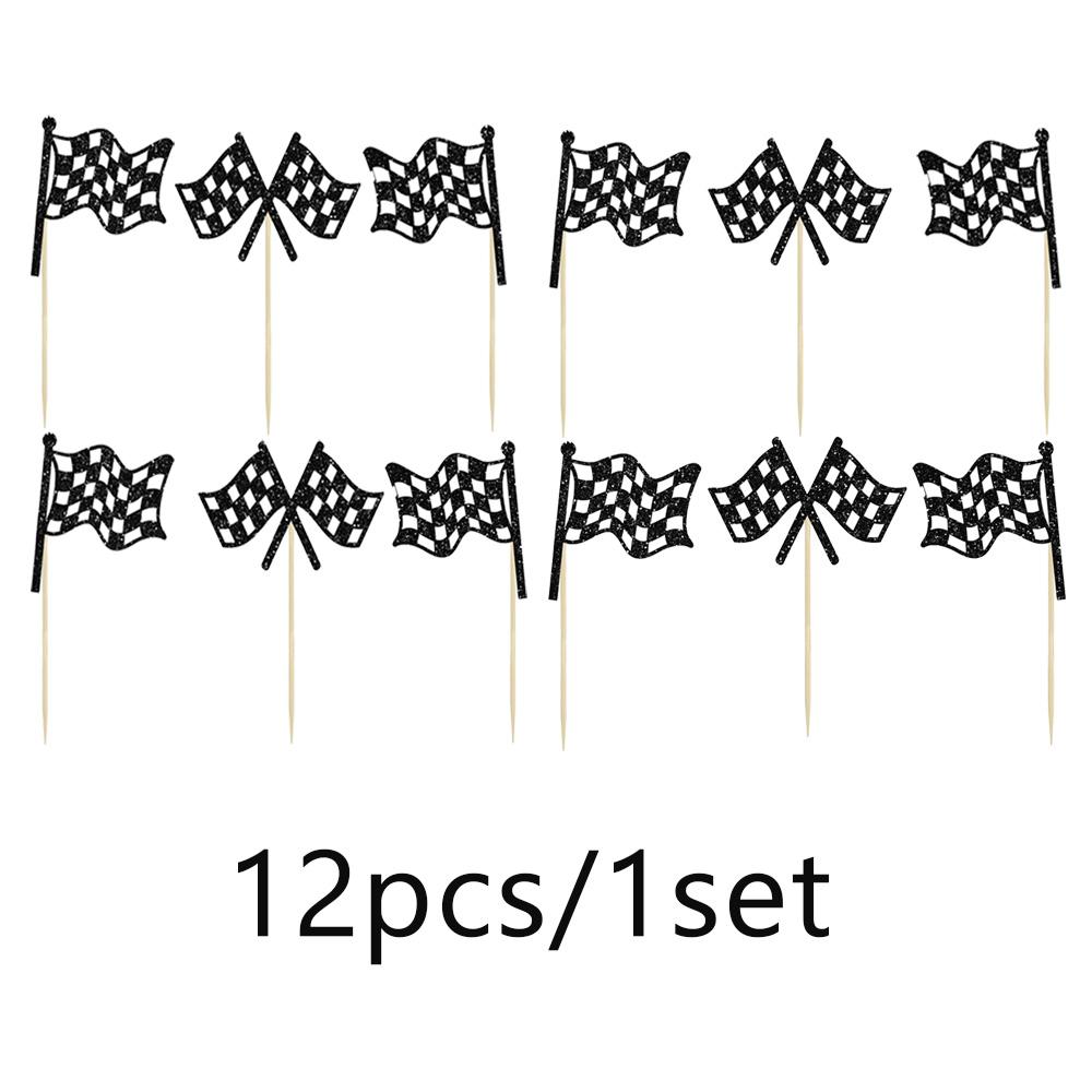 

1-3set 1set/12pc Cake Topper Racing Car Flag Decorations Black White Checkered Flag Placard Party Cupcake Decoration Accessories