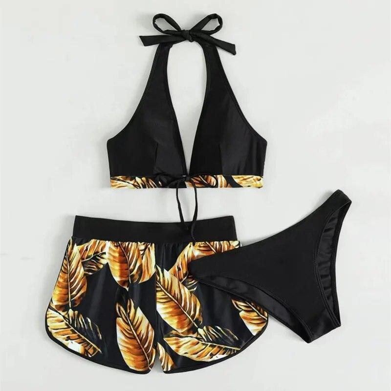 Womens Halter Neck Padded Bra Bikini Set Boy Shorts Swimsuit Beachwear Swimwear