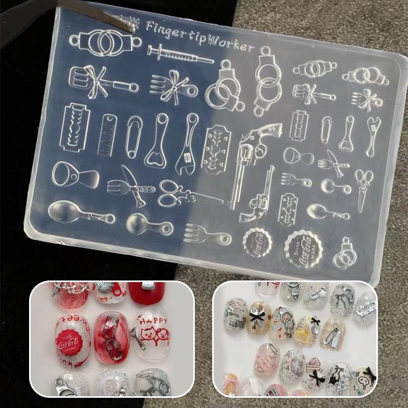3D Nail Mold Silicone Tableware Handcuffs Funny Toys Resin Manicure Charms Molds For Diy Halloween Accessories Nail Parts Tools
