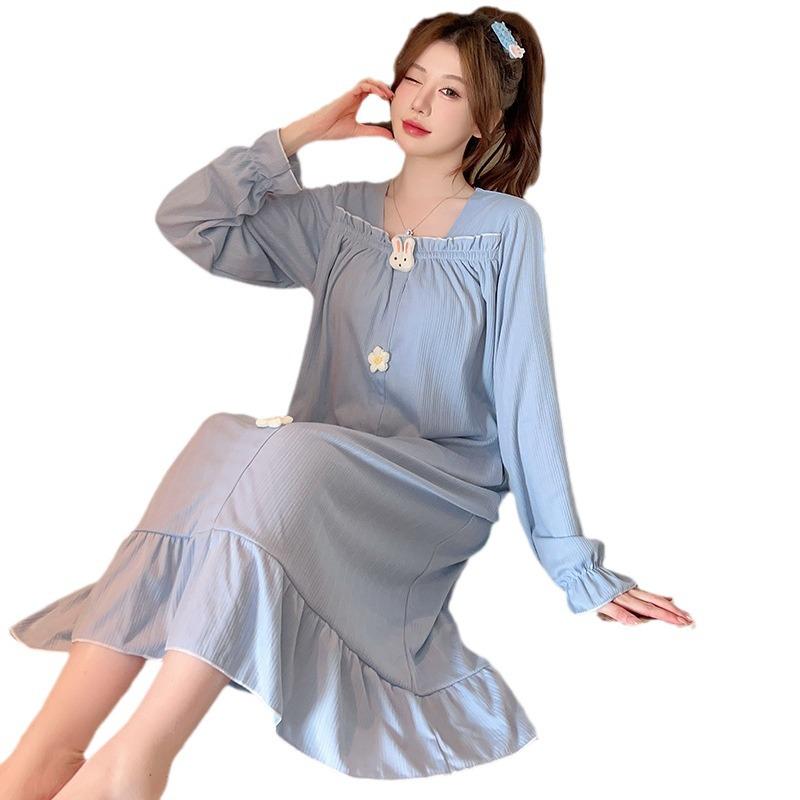 Women's Cute Sweet Long-Sleeve Nightdress with Chest Pad, Medium-Length, Plus Size Home Wear for Spring & Autumn