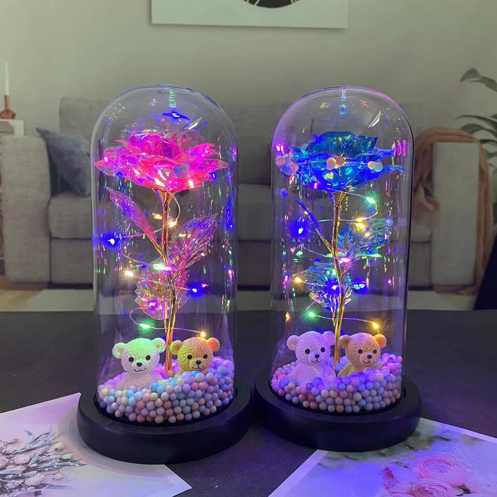Eternal Flower Glass Cover Ornament Laser Rose Simulation Flower LED Light Creative Mother Valentine's Day Gift Couple Life