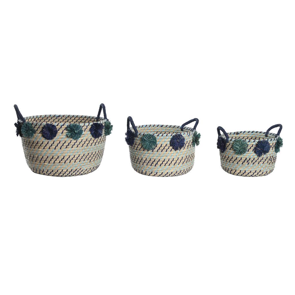 Basket Set DKD Home Decor 46 X 44 X 34 Cm Pompoms Polypropylene Seagrass