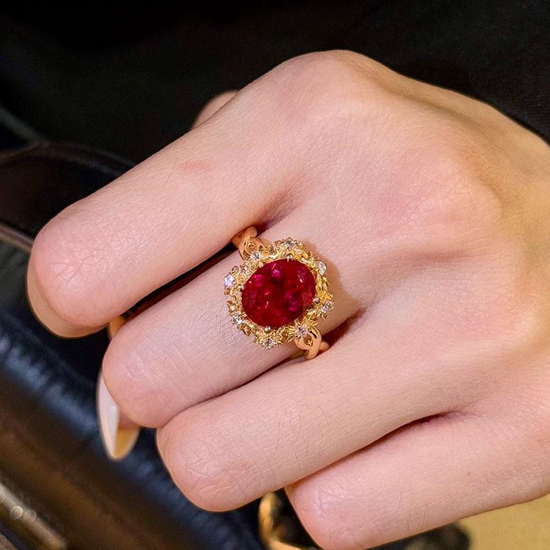 Classic inlay diamonds small flower ruby dark gemstone rings for women high-end and exquisite ring adjustable banquet jewelry