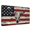 American Flag Longhorn Cow Skull License Plate, 5.9x11.8 Decorative Aluminum Car Tag, Patriotic Front Plate