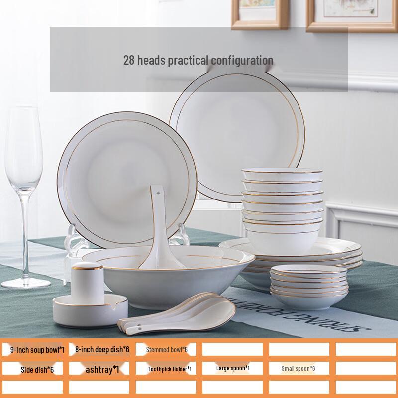 Jingdezhen Ceramic Gold-Edged Dinnerware Set 28-piece