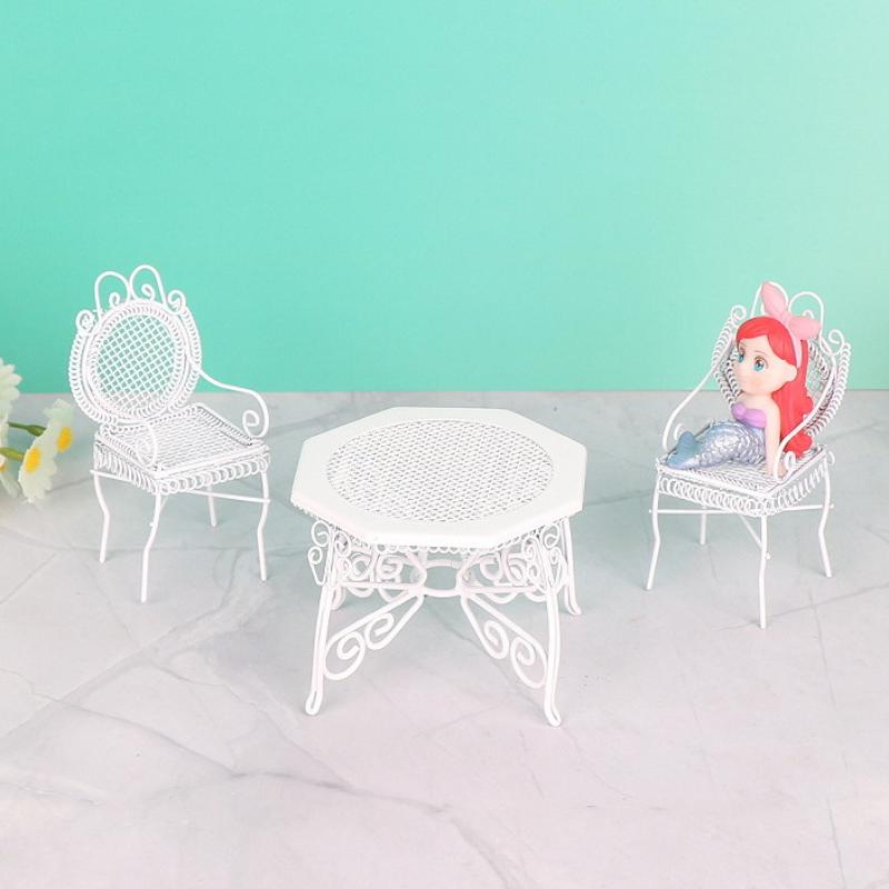 3Pcs Simulation Mini Iron Octagonal Table And Chair Model 1/12 Dollhouse Miniature Furniture Set Toy For Kids