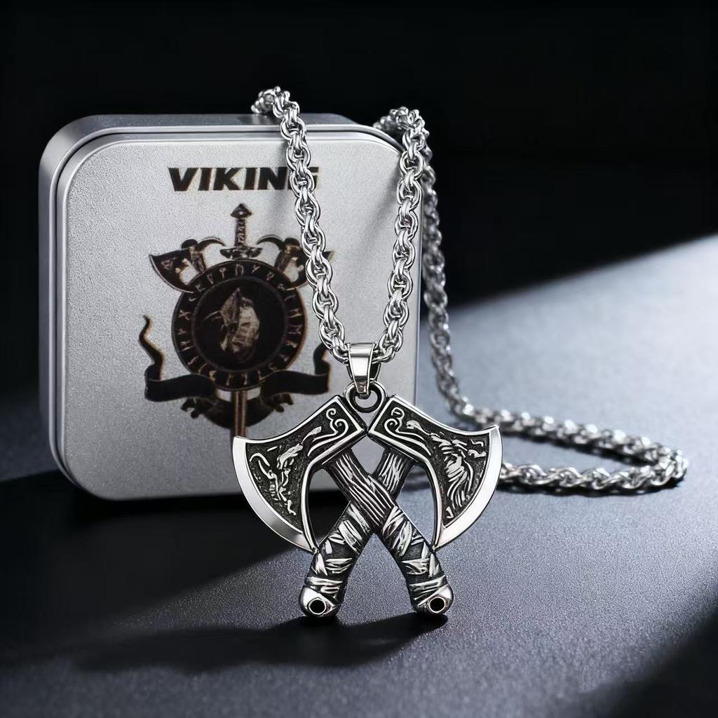 Stainless Steel Viking Axe Pendant Chain Necklace for Men Jewelry Accessory Gift Box