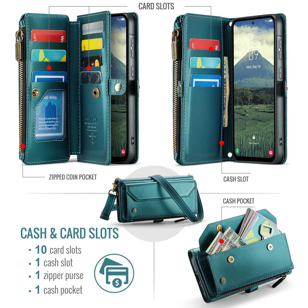 For Samsung Galaxy A17 5G/A17 4G Leather Case CASEME C36 Zipper 10 Card Slots Phone Cover with Straps