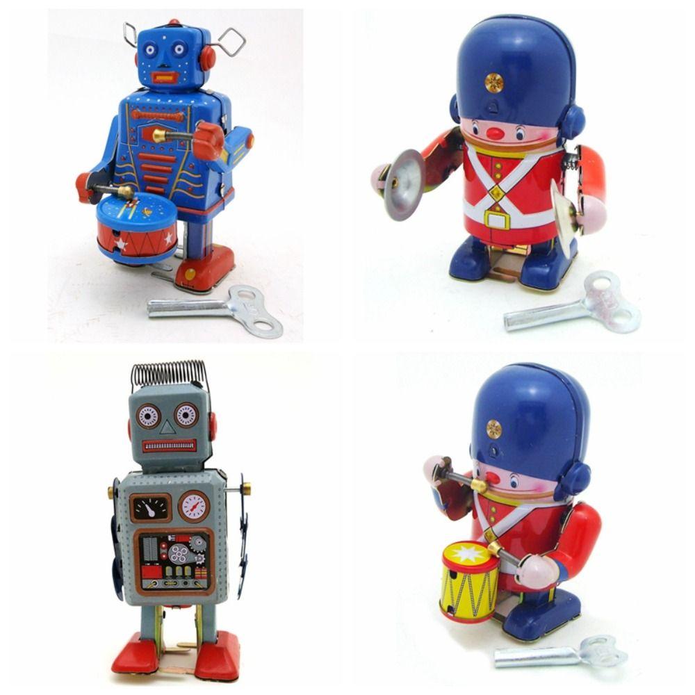 Iron Metal Wind Up Walking Robot Drumming Robot Vintage Mechanical Clockwork Collection