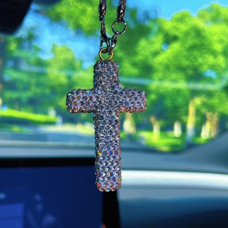 Elegante Crucifijo de Arcilla Colgante con Acento de Cristal para Espejo Retrovisor de Coche Accesorios Colgantes para el Interior del Coche