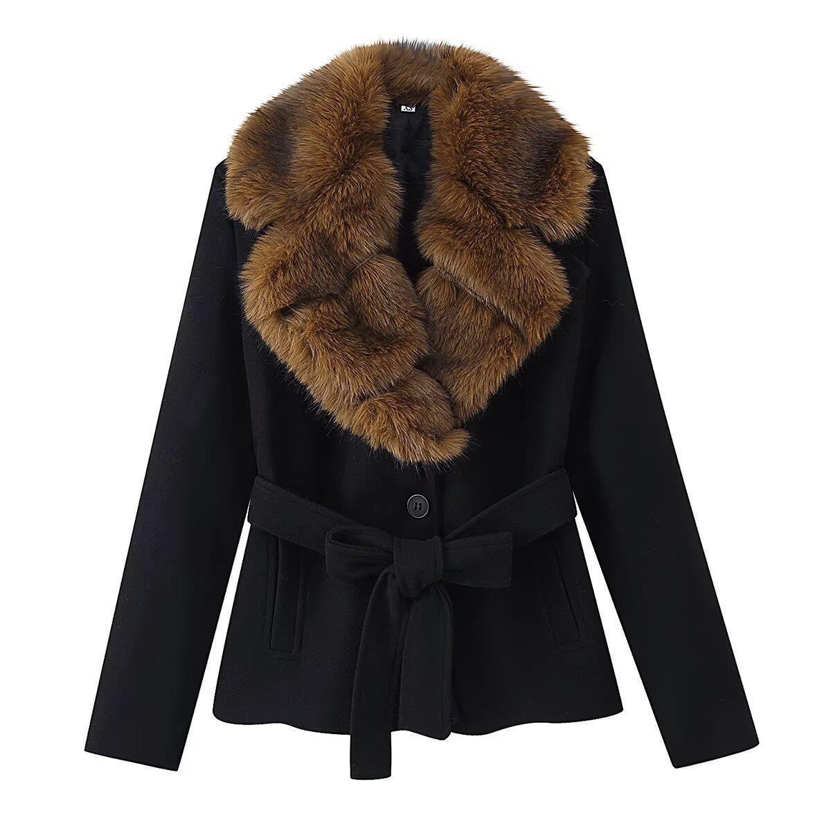

European and American Women s Autumn/Winter Wool Coat with Fur Collar - Fashionable Street Style, Versatile Design Extra Small чёрный