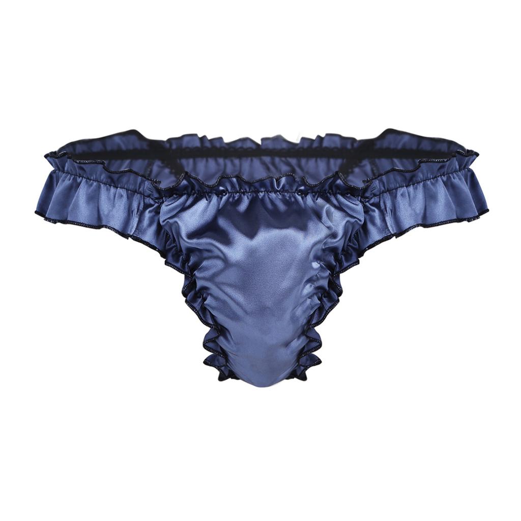 Mens Satin Underwear Sissy Bikini Briefs Thong Ruffle Lace Shiny Panties Underpants