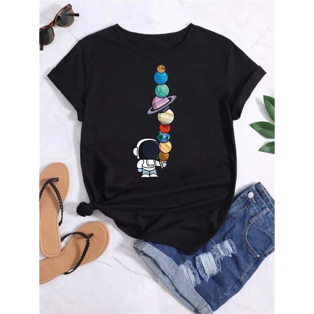 Maycaur T-shirt Dames Maan Planeet Print Mode T-shirts Casual Ronde Hals Korte Mouw Streetwear Dames T-shirt Vintage Tops