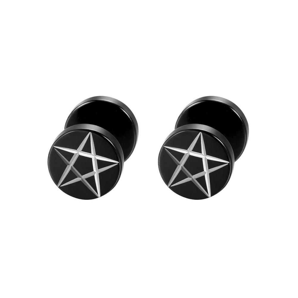 2Pcs/6Pcs Black Stainless Steel Mens Womens Pentagram Stud Earrings Pierced Faux Gauges Ear Plugs Tunnel Illusion 8mm/10mm