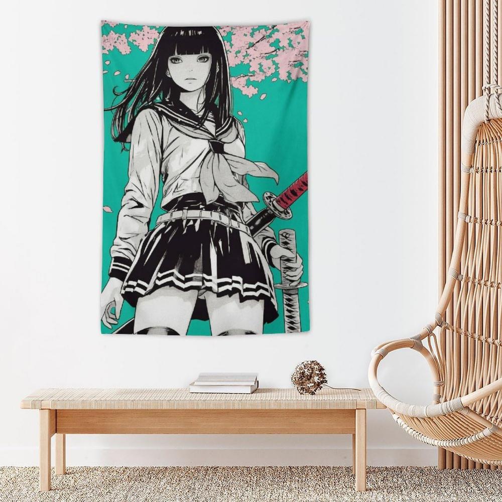 Samurai Japanese Anime Girl Tapestry Aesthetic Wall Decoration for Living Room and Bedroom Wall Hanging Home Decoration