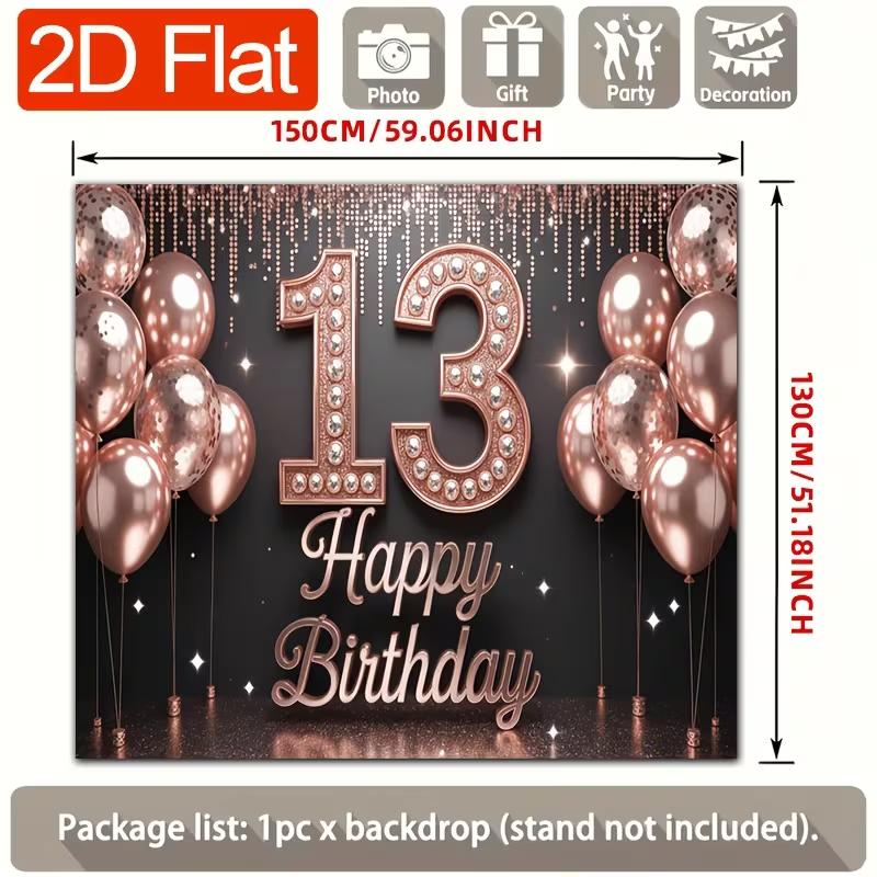 2D Happy 13th Birthday Backdrop, Rose Gold Glitter Balloon Party Photo Booth Background