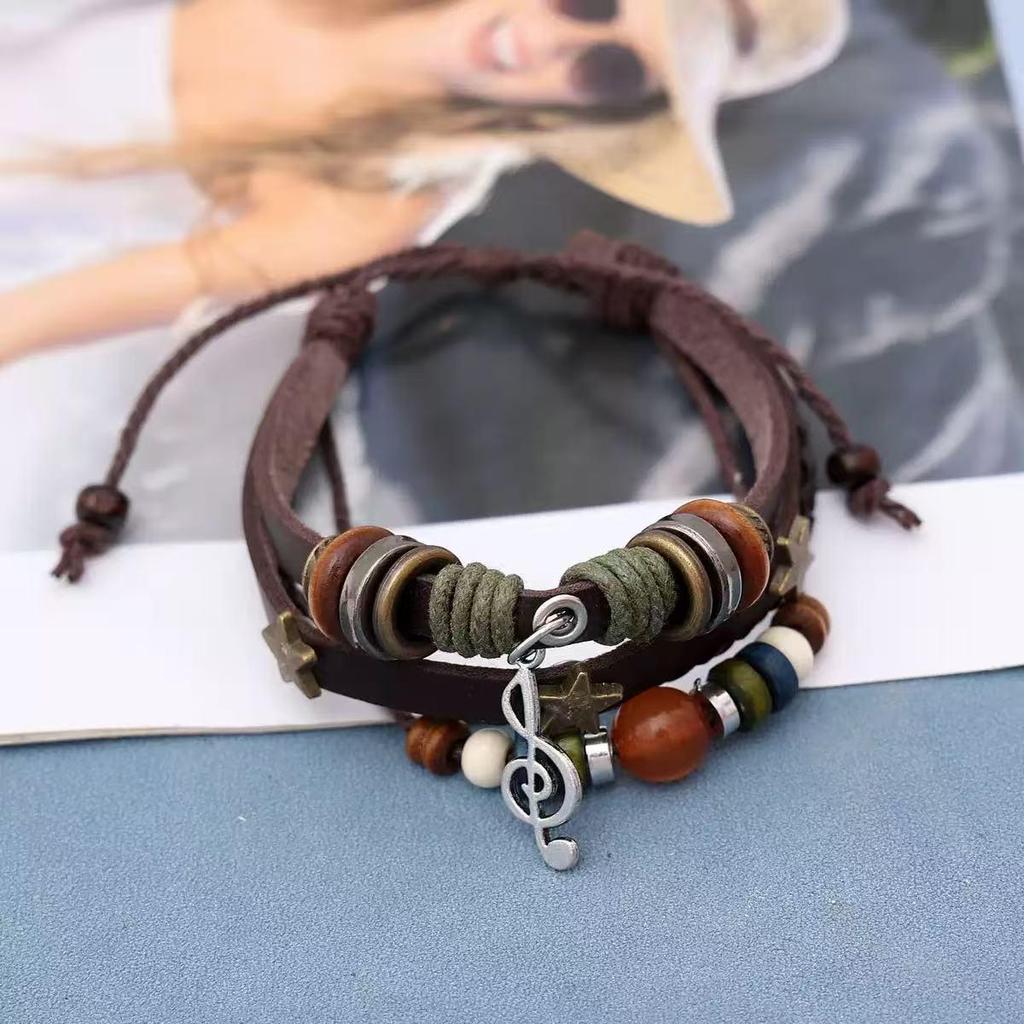 Multilayer Beaded Leather Bracelet with Pendant and Star Beads