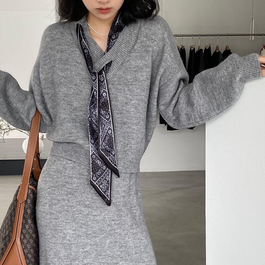 Elegant Autumn/Winter Two-Piece Set: Sweater Jacket & Half Skirt with Silk Scarf for Women.