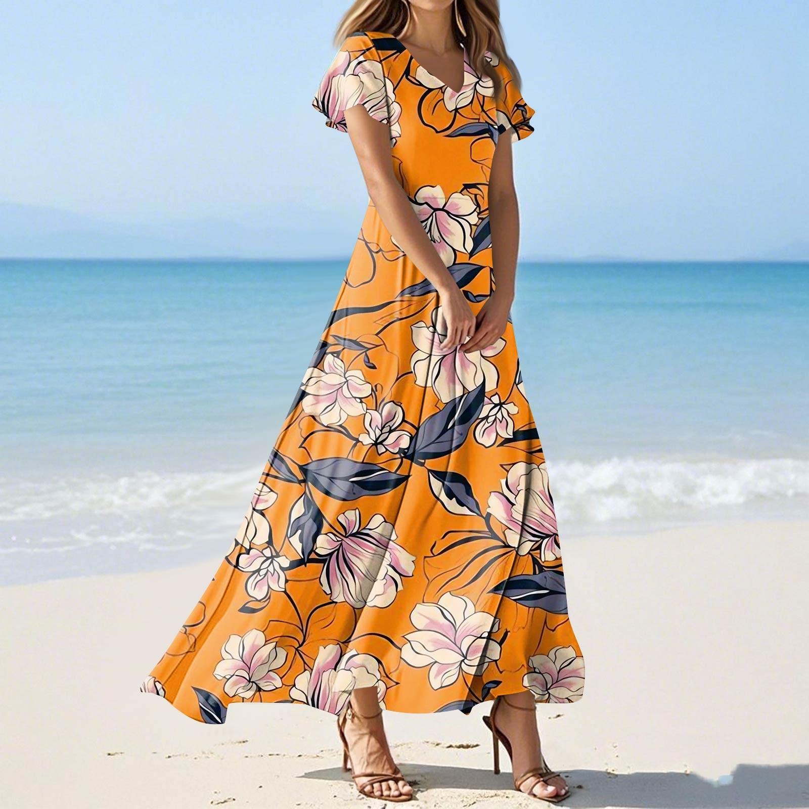 

Женские летние платья Повседневный сарафан Свободные платья с V-образным вырезом и струящимися оборками с короткими рукавами XXL оранжевый