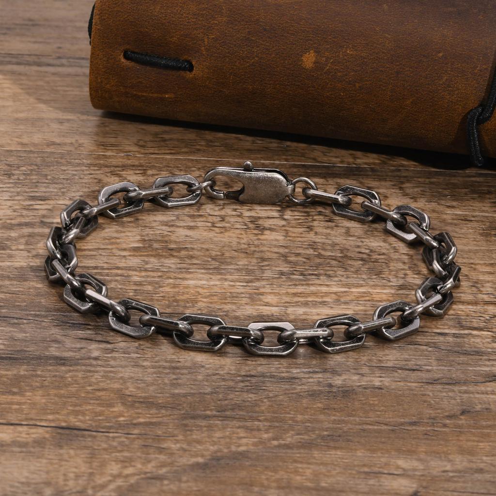 Vintage Rolo Chain Bracelets for Men,Retro Grey Waterproof Stainless Steel Links Wristband, Casual Cable Chain Jewelry