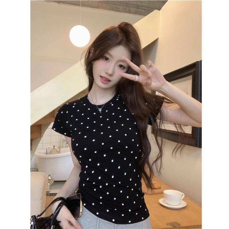 Women Polka Dot Short Sleeve T-Shirt 2026 Summer New Korean Style Crew Neck Slim Fitted Casual Short Top Tees