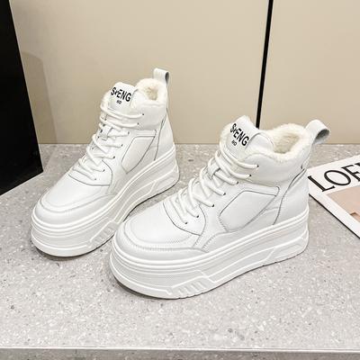Women's High-top White Shoes New Velvet Leather Casual Shoes Thick-soled Heightened Sports Platform Shoes