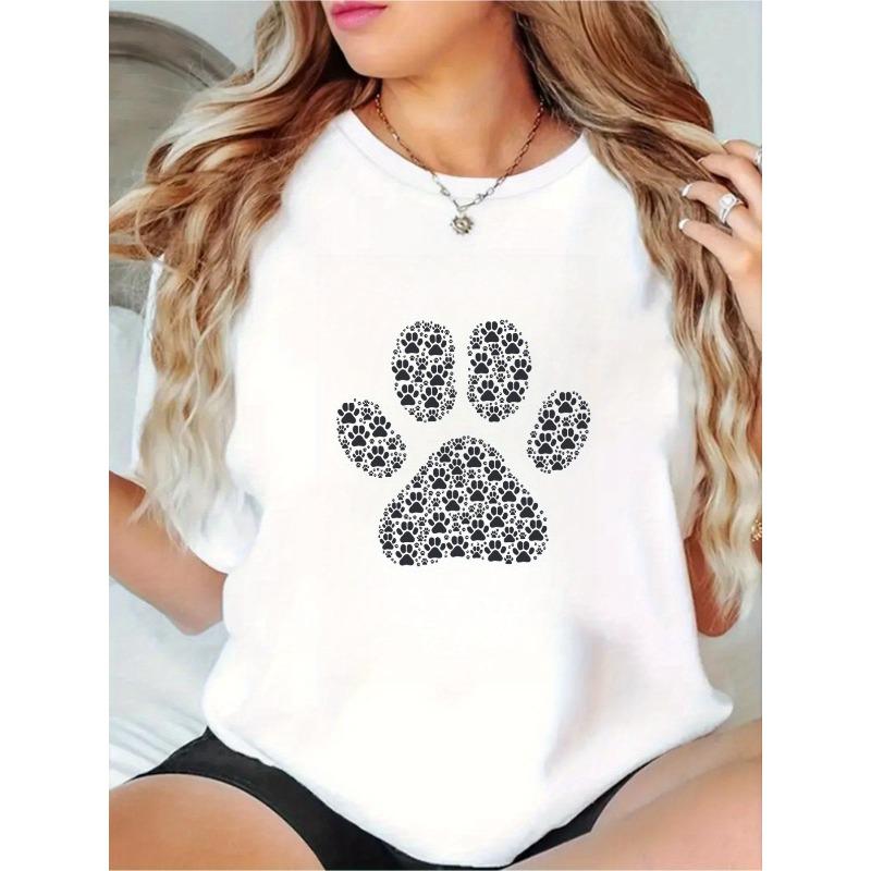 

European Size Cute Dog Paw Print T-Shirt - White Round Neck Short Sleeve Casual Top, All-SeasonEveryday Outfit, Playful Design,Pet Lovers, 4XL білий